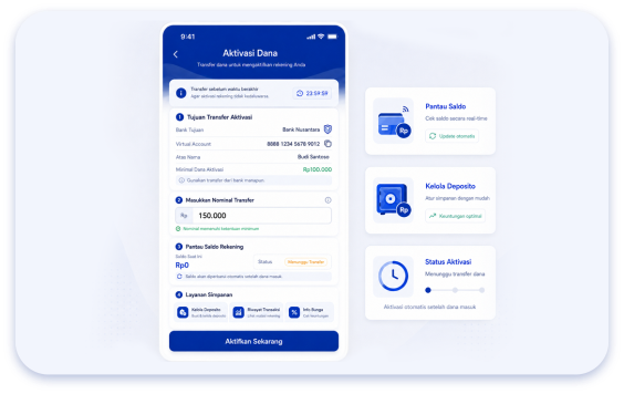 Tampilan aplikasi UPwise — aktivasi dana dan konfirmasi rekening aktif