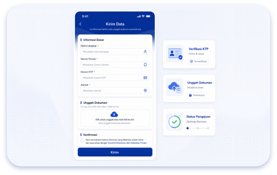 Tampilan aplikasi UPwise — formulir pengajuan data dan unggah dokumen KTP